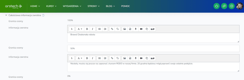 Ustawienia informacji zwrotnej w Quizie na platformie Moodle