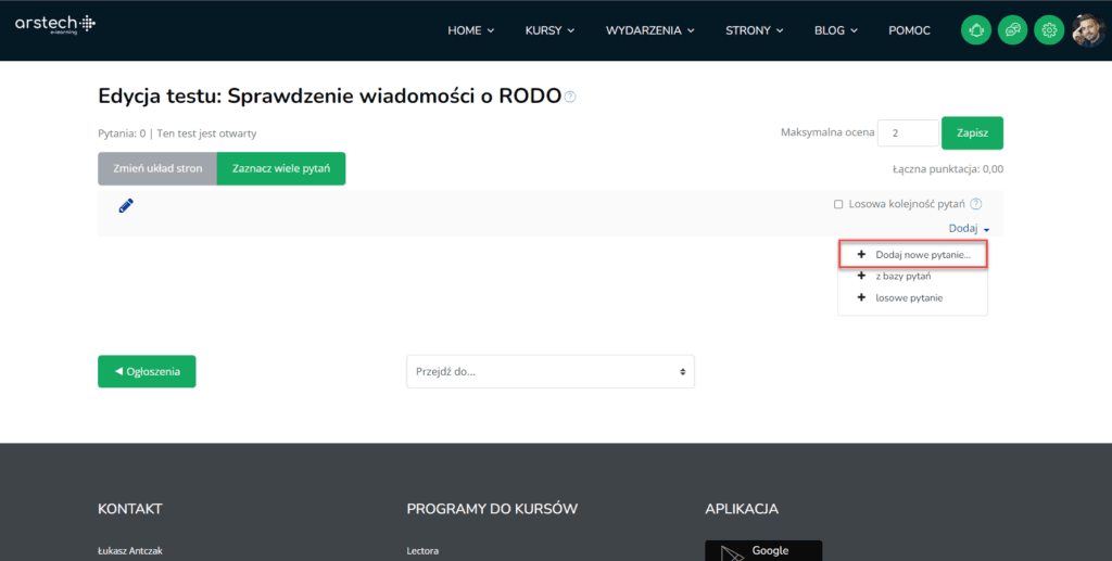 Quiz Moodle pytanie prawda-fałsz