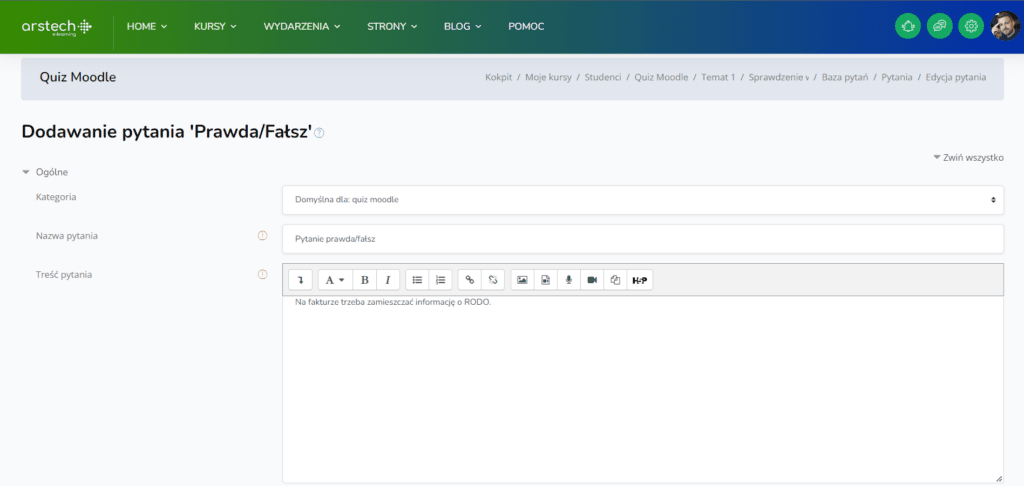 Ustawienia pytania prawda fałsz w Moodle