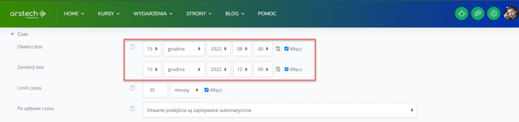 Ustawienia testu na platformie Moodle