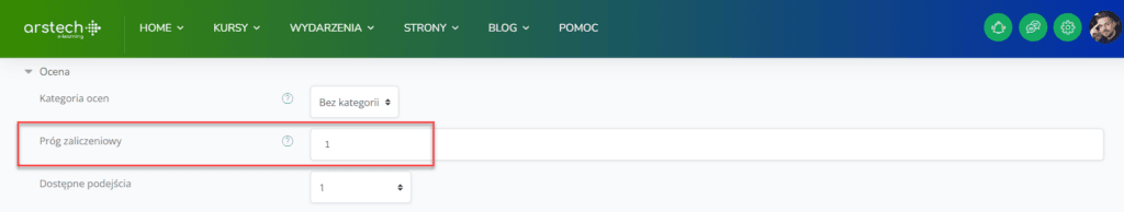 Próg zaliczenia quizu na platformie Moodle