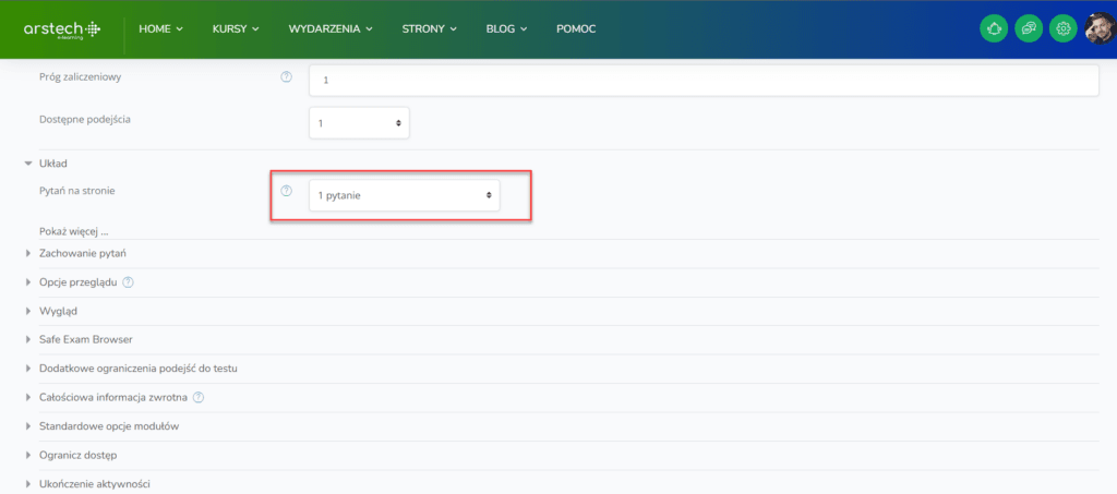 Wyświetlanie Quizu na platformie Moodle