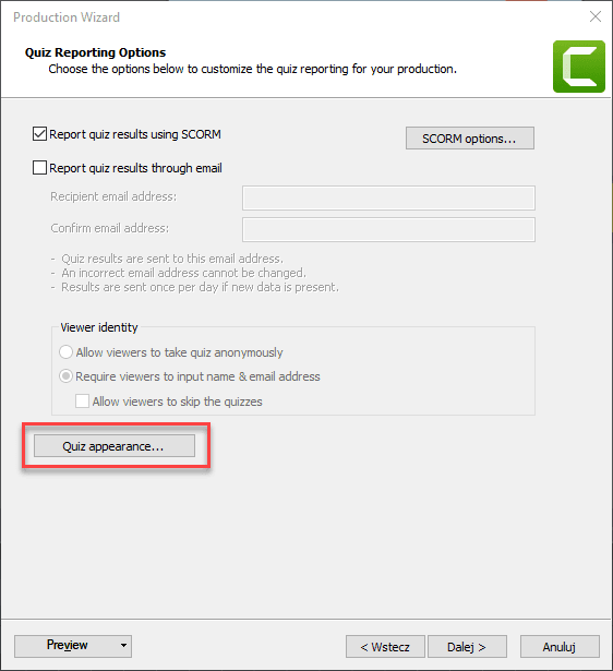 Ustawienia wygladu Quizu w Camtasia