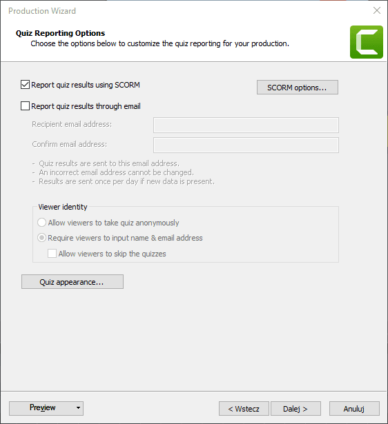Konwersja pliku wideo z quizem do scorm w Camtasia