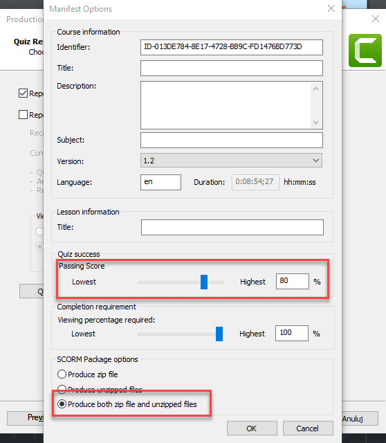 Próg zaliczenia quizu - konwersja mp4 do scorm Camtasia