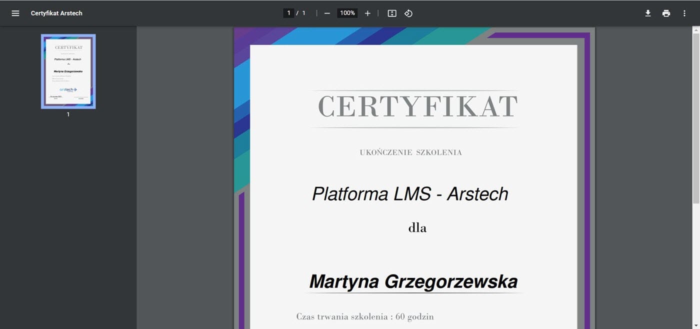 Certyfikat Moodle widok
