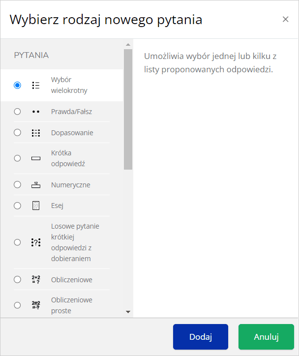 Rodzaje pytań w Quizie na Moodle