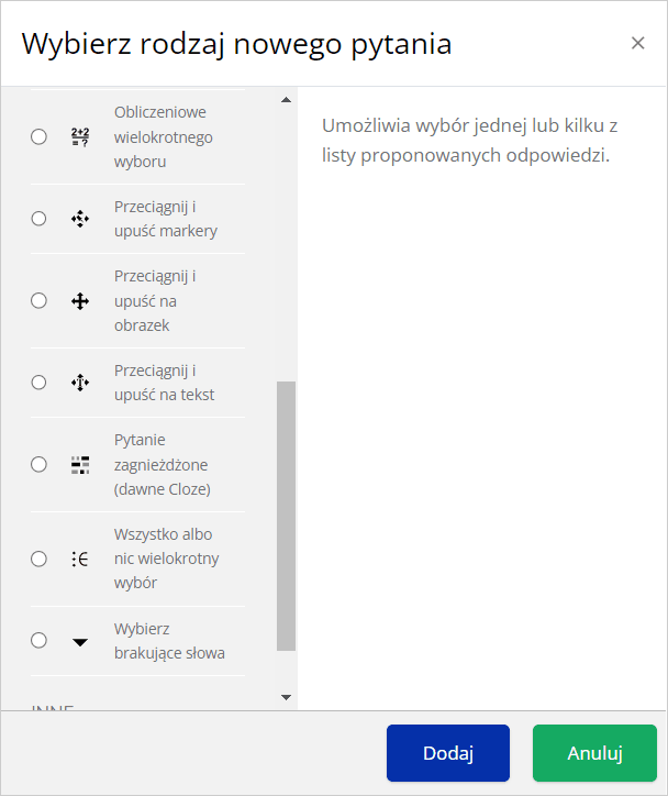 Typy pytań Quiz Moodle