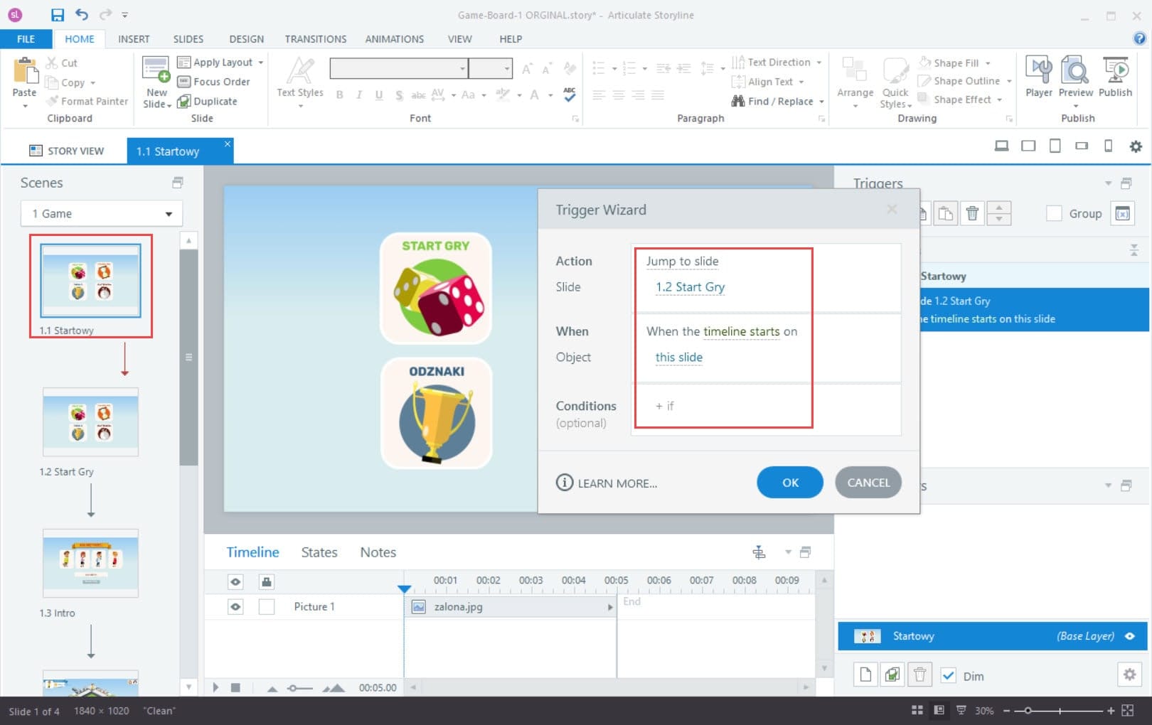 Akcja idź do w Storyline 360