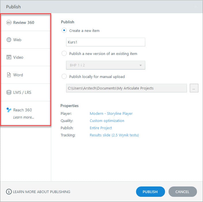 Opcje publikacji Articulate Storyline 360