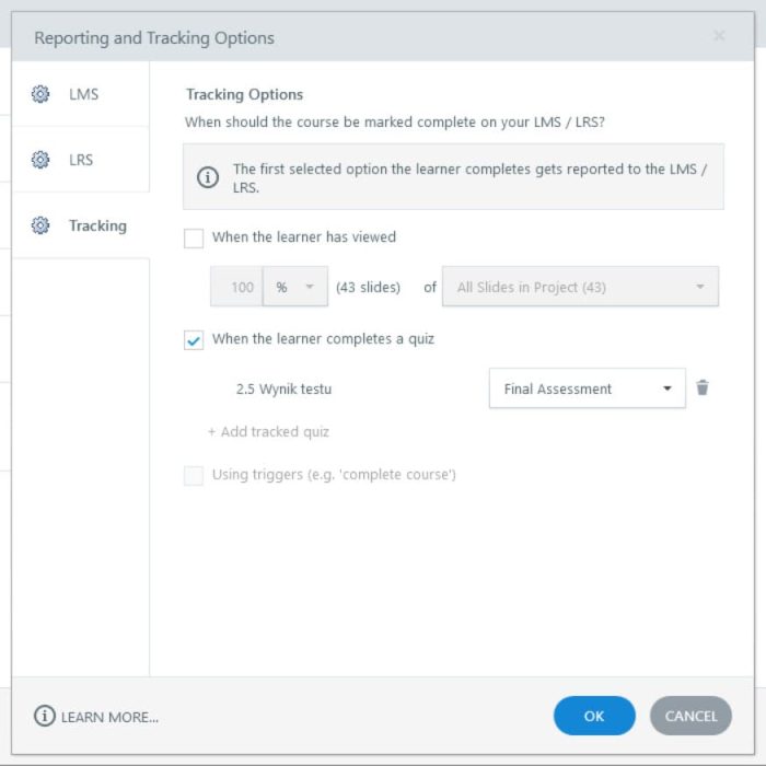 Opcje śledzenia paczki SCORM Storyline 360