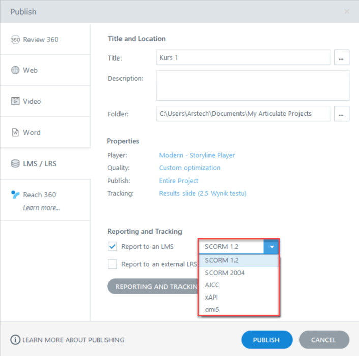 Ustawienia SCORM Articulate Storyline 360